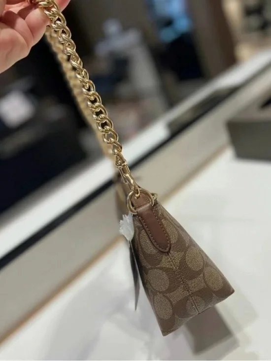 Coach Brown Signature Canvas Shoulder Bag with Gold Chain - Picture 6 of 14